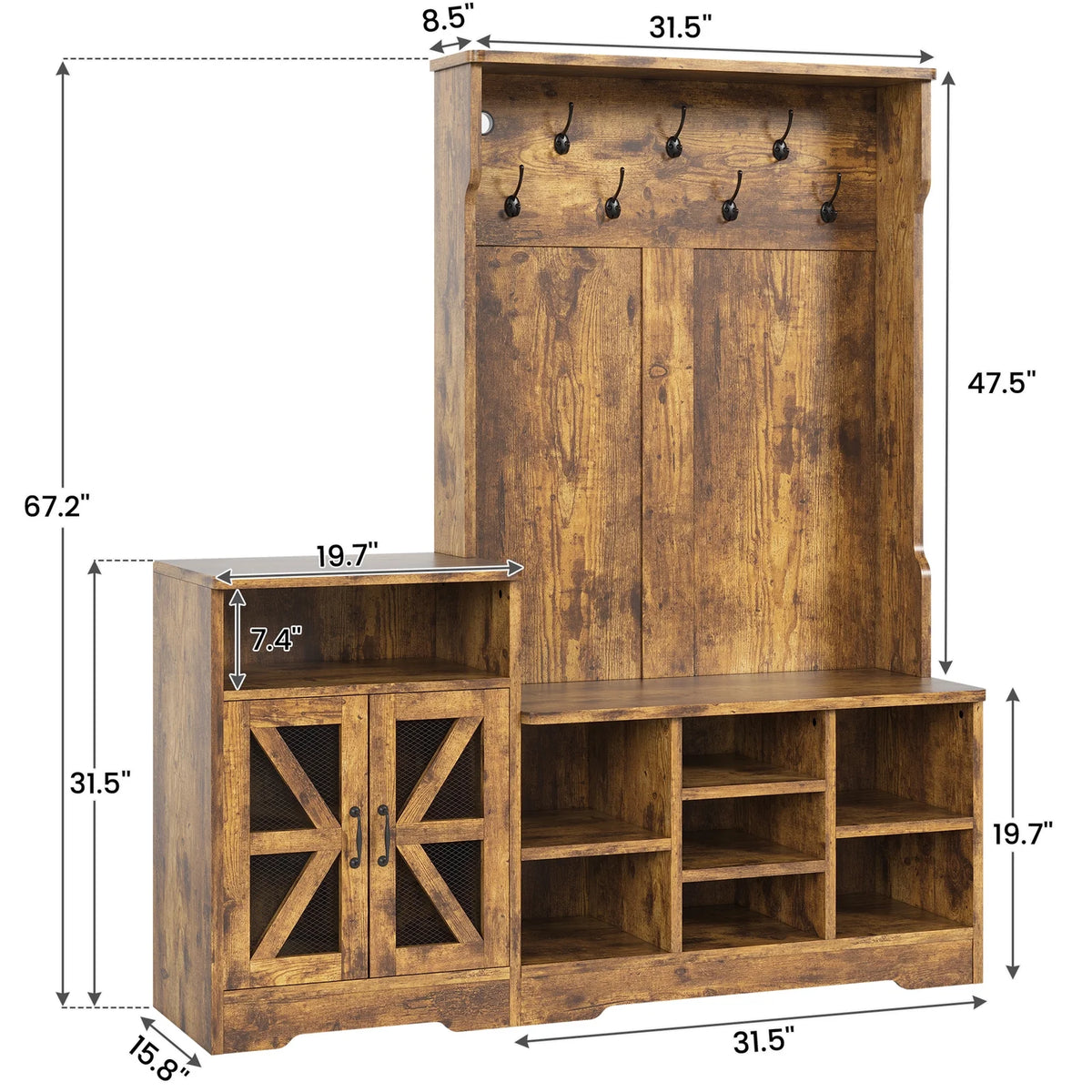 Farmhouse Wood Hall Tree with Shoe Bench and Console Table, LED 4-in-1 Coat Rack with 8 Hooks and 7 Adjustable Shoe Cubbies, Multifunctional Entryway Storage Organizer with Cabinet, Vintage White