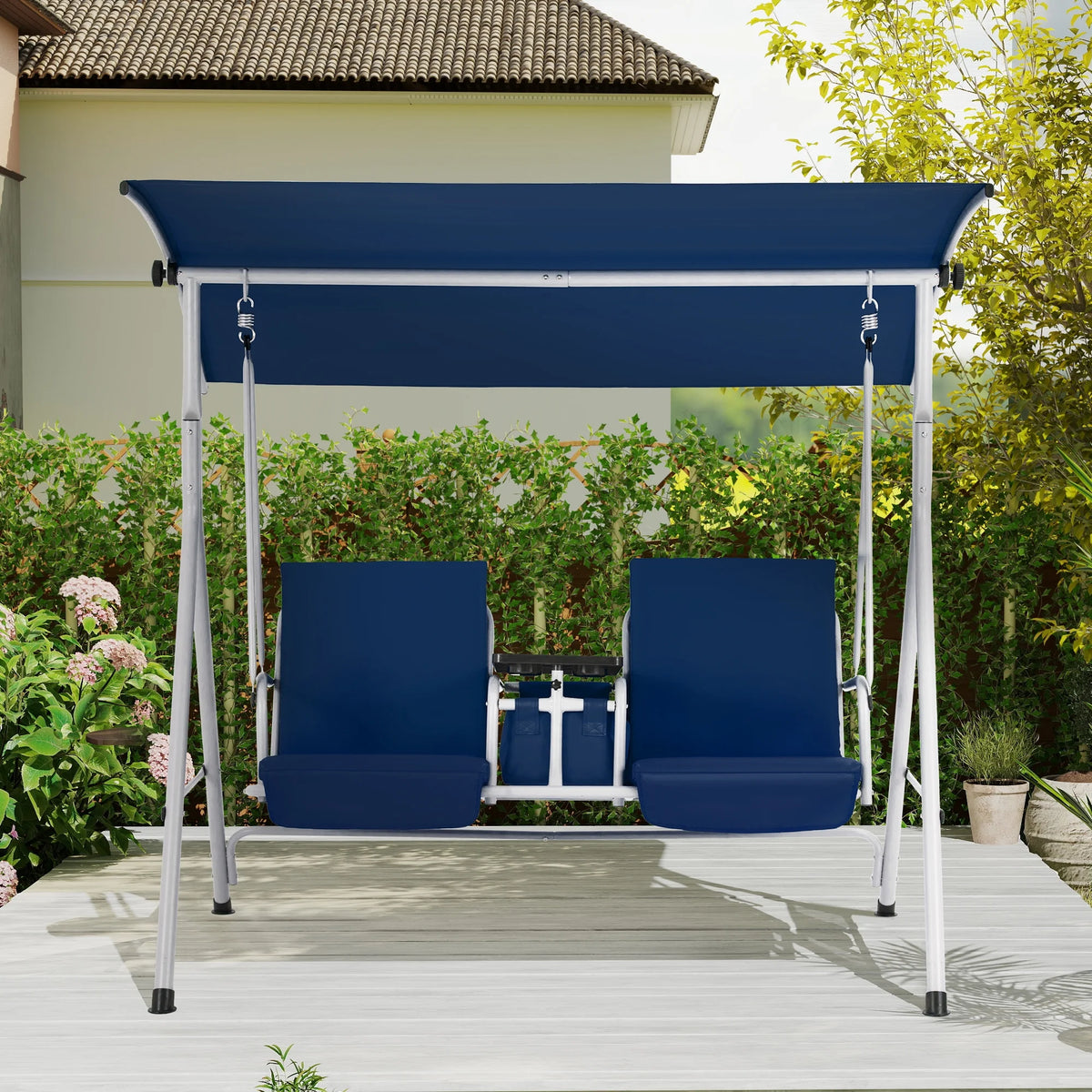 HOMREST Patio Swing with Adjustable Canopy��Heavy Duty 650 LBS Outdoor Swing with Pivot Storage Table & 4 Cup Holders & Cushions for Yard, Lawn, Backyard, Navy Blue