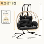 Bifanuo Double Wicker Swing Egg Chair Hammock Foldable Hanging Loveseat with Stand, UV Resistant Removable Cushions, 700LBS Capacity for Bedroom, Balcony (Black and Beige)