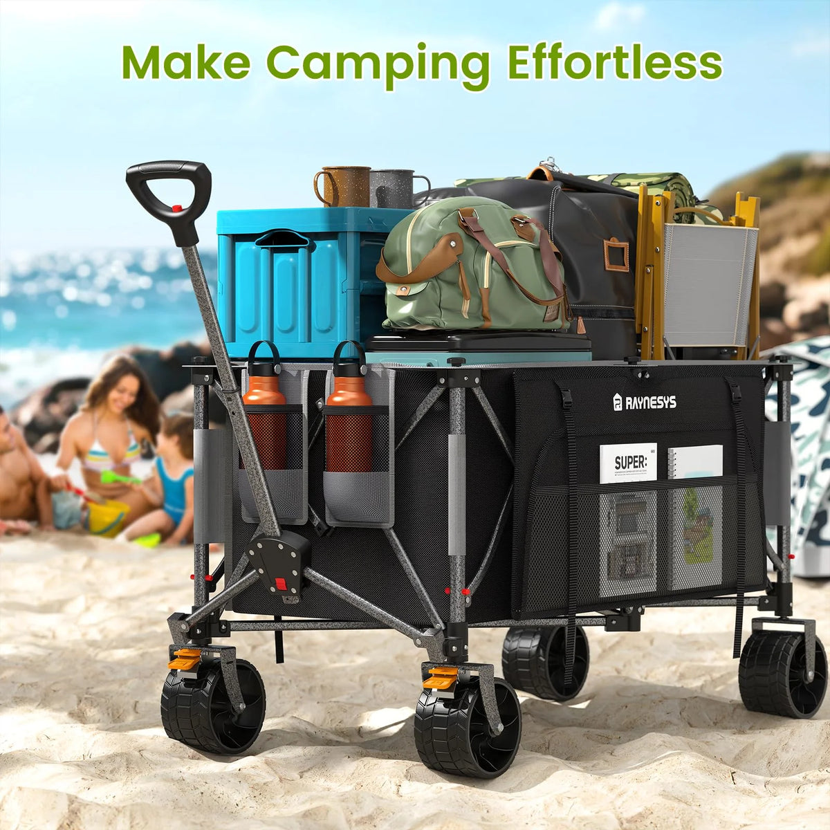 Raynesys 300L Foldable Wagon Cart with Wheels, 440lbs Heavy Duty Beach Wagon for Sand Sports Camping Grocery, Black & Gray