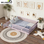 Bellemave Full Size Floor Bed with Door and Fence Floor Bed with Bed Slats Sturdy Wood Floor Bed Montessori Bed Frame (Full, Pink)