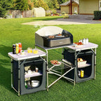 Camping Kitchen Table with Storage, Aluminum Portable Outdoor Cooking Table with Windscreen, Foldable Camp Table Cook Station for BBQ, Grill, Party, Picnics
