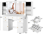 White Vanity Desk with Large Lighted Mirror & Power Outlet, Makeup Vanity Table with Glass Top & Drawers, Sliding Storage, 44.1" Large Makeup Vanity Table for Women Girls, White