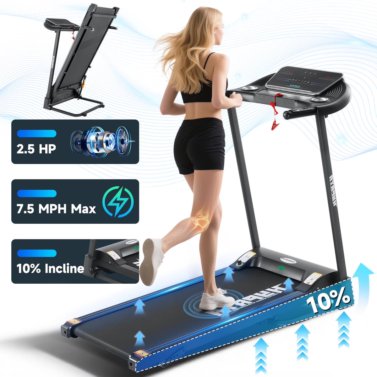 SKOK 2.5HP Foldable Treadmill, 300lb Capacity, 12 Programs, Portable Home Office Walking Machine
