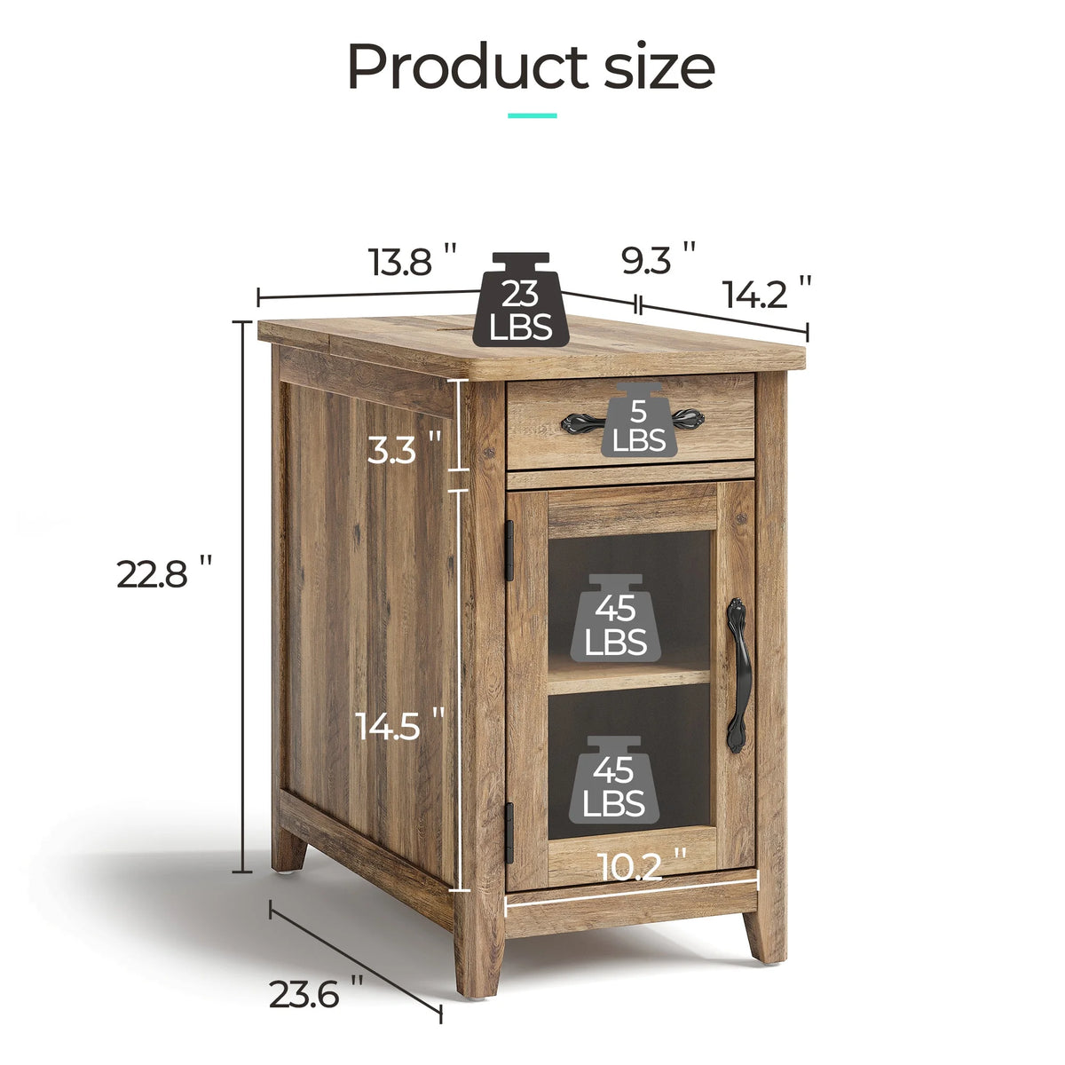 LINSY HOME End Tables for Living Room with Charging Station, Nightstand for Bedroom with Drawer and Detachable Holder,Washed Grey & Brown