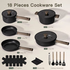Astercook 18-Piece Pots and Pans Set, Nonstick Cookware Set with Elegant Wooden Handle, Oven Safe to 480��F, Induction Compatible, Kitchen Cooking Set for RV Trips, Camping and Picnic, Black