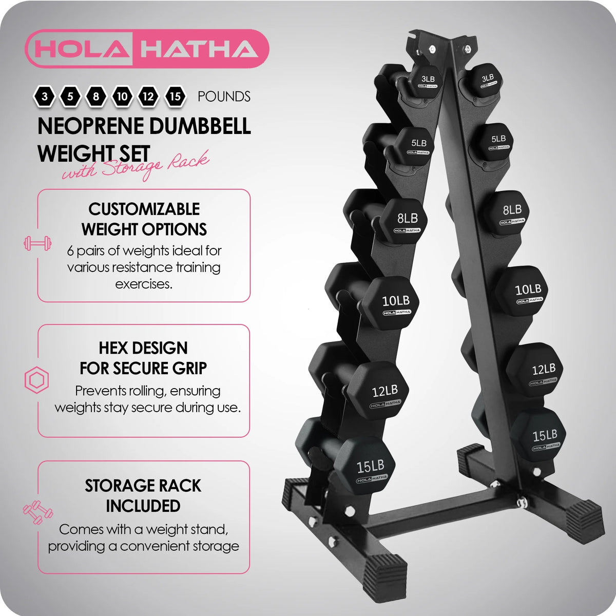 HolaHatha Neoprene Dumbbell Weight Set with Rack (Black), 112.5 lb