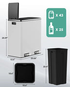 LAZY BUDDY Dual Garbage Can, Stainless Steel 16 Gallon Step Kitchen Trash Can with Soft-Close Lid, Double Compartment Garbage Recycling Bin