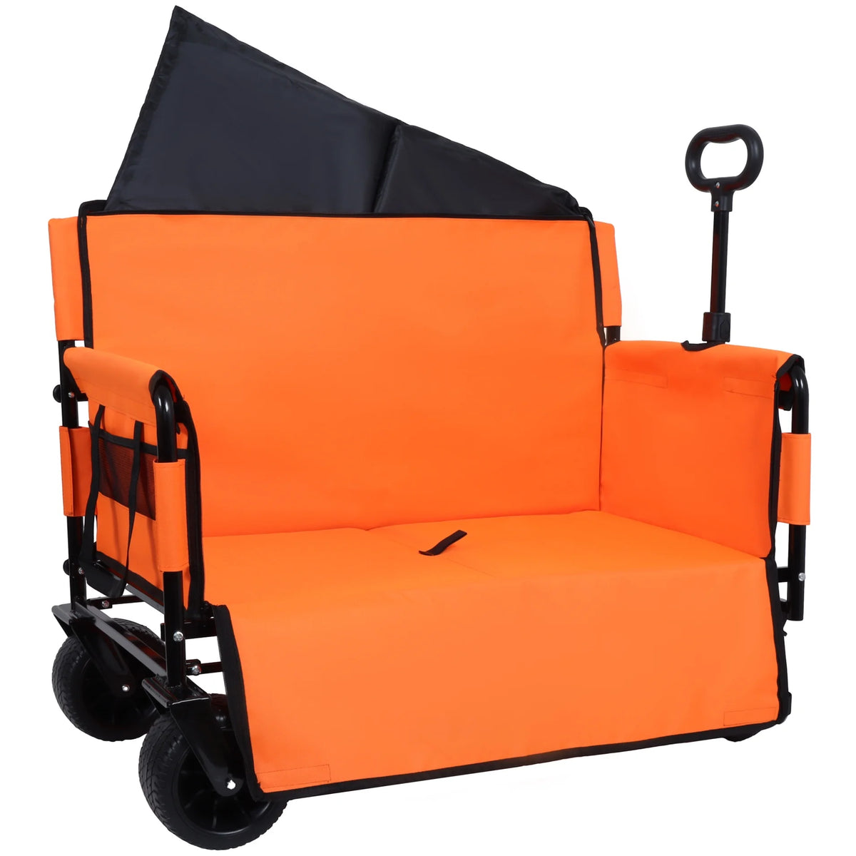 3-in-1 Collapsible Wagon Cart with Bench Seat, 500lbs Convertible Heavy Duty Utility Wagon with Flexible Handle, All-Terrain Folding Grocery Cart with Wheels for Shopping, Camping, Orange