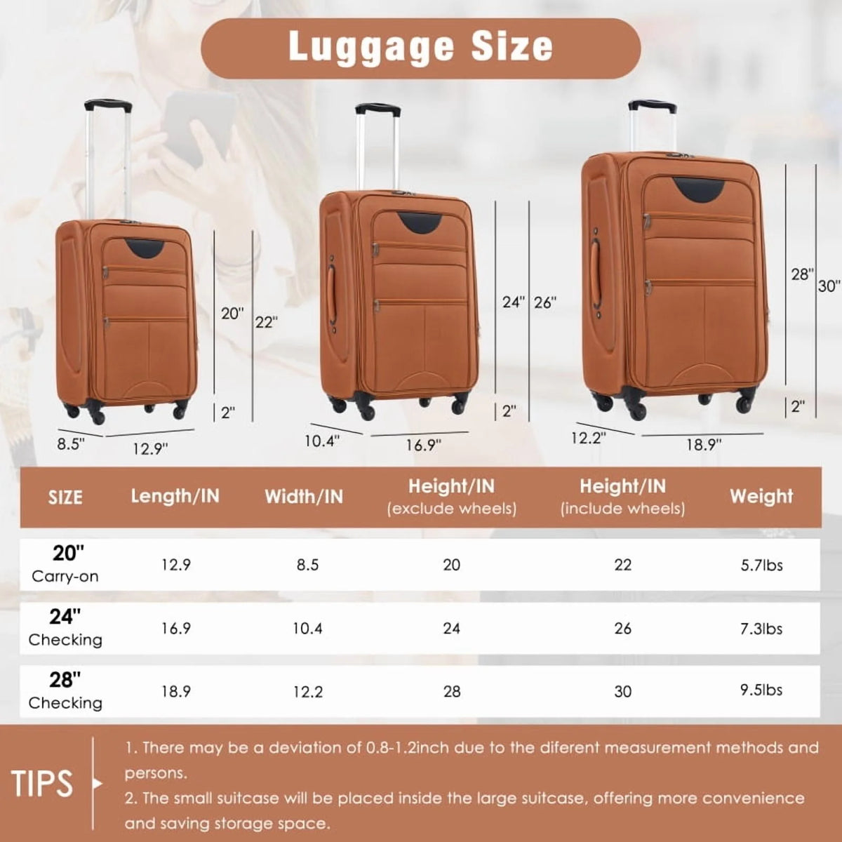 Softside Luggage Expandable 3 Piece Set Suitcase Upright Spinner Softshell Lightweight Luggage Travel Set