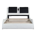 OYang King Size Platform Bed Frame wth LED Light And USB Charging Ports Headboard, Wave-Like Curve Backrest Vibration Massage Upholstered Faux Leather Bed for Home