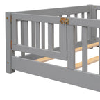 UHOMEPRO Twin Size Floor Bed with Door and Fence, Montessori Floor Bed with Slats and Safety Guardrails, Solid Wood Twin Bed Frame for Bedroom, White