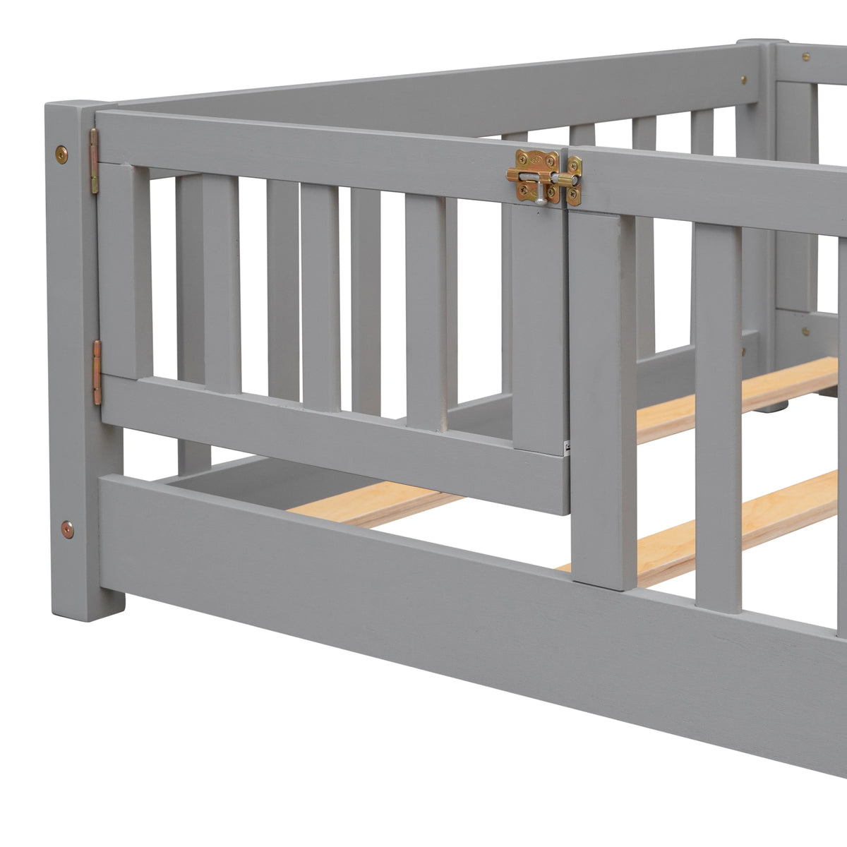 UHOMEPRO Twin Size Floor Bed with Door and Fence, Montessori Floor Bed with Slats and Safety Guardrails, Solid Wood Twin Bed Frame for Bedroom, White