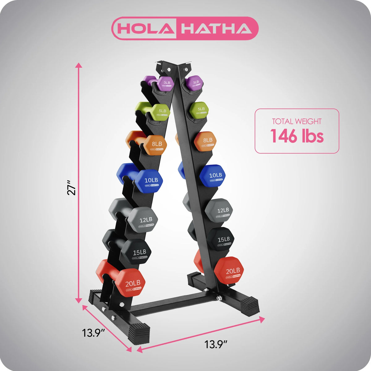 HolaHatha Neoprene Dumbbell Weight Set with Rack (Black), 112.5 lb