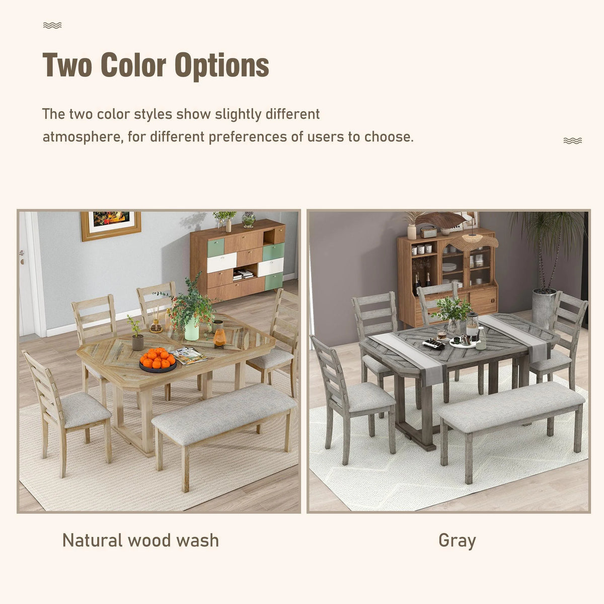 Bellemave 6-Piece Dining Table Set, Rubber Wood Rectangular Kitchen Table Set for 6, Farmhouse Dining Table Set with 4 Upholstered Chairs and Bench (Gray)