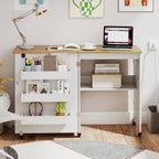 Costway Folding Sewing Table Rolling Craft Station with 3 Storage Bins & Charging Station White+natural