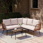 LAUSAINT HOME 4 Pieces Outdoor Conversation Sets, Patio Metal Frame Sofa with Wood Loveseat and Coffee Table, Beige Cushions