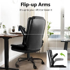Office Chair - Ergonomic Leather Office Chair Computer Desk Chair, Comfortable High Back Office Chair with Adjustable Flip-up Armrest, Executive Leather Office Desk Chair with Smooth Wheels, Black