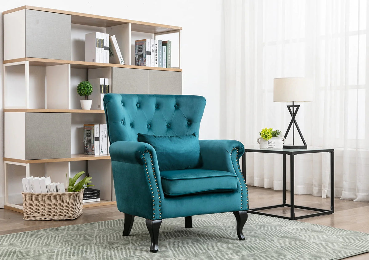 Guyou Mid Century Accent Chair Modern Button Tufted Armchair Wingback Club Chair Velvet Single Sofa Lounge Chair with Pillow for Living Room Bedroom, Teal Blue
