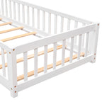 UHOMEPRO Twin Size Floor Bed with Door and Fence, Montessori Floor Bed with Slats and Safety Guardrails, Solid Wood Twin Bed Frame for Bedroom, White