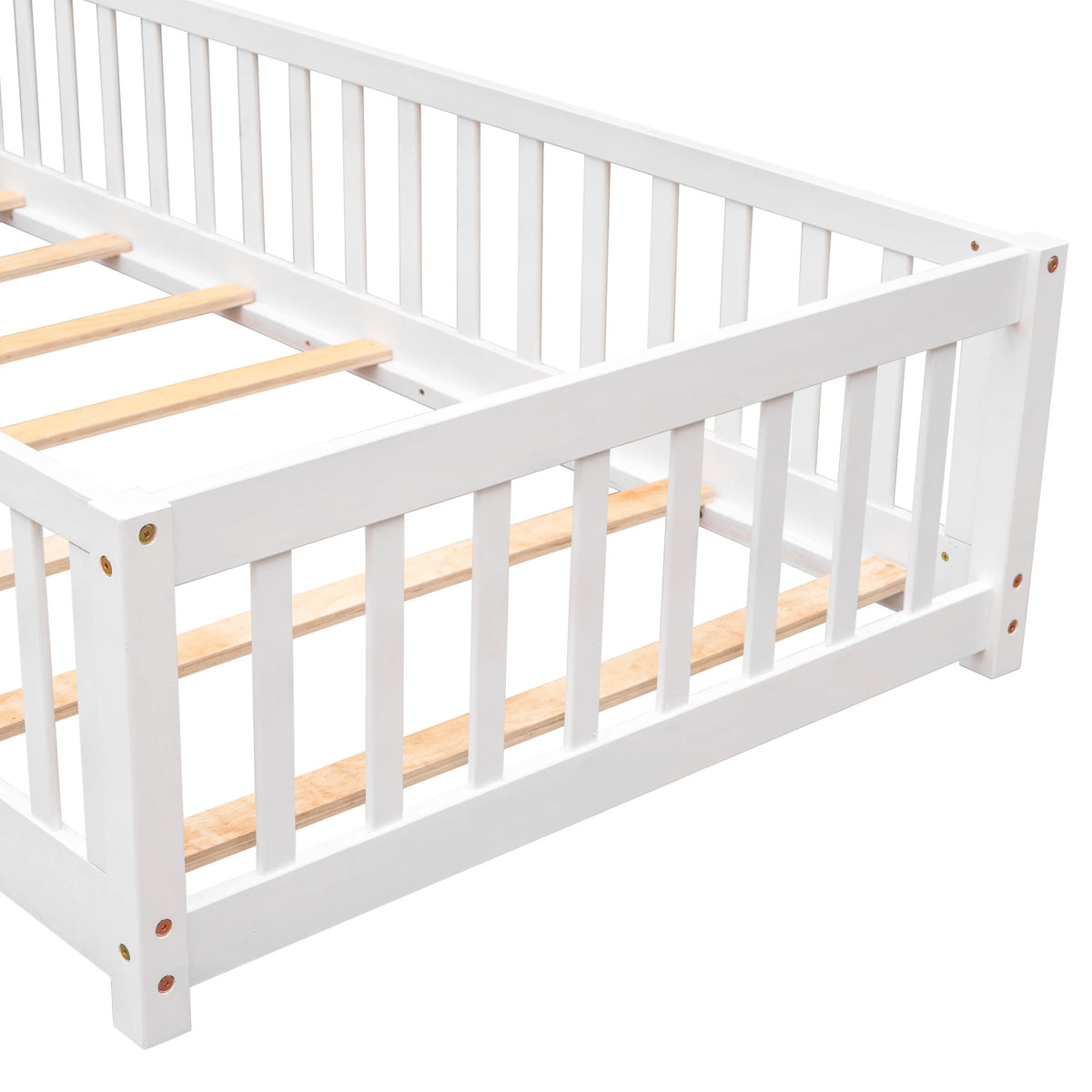 UHOMEPRO Twin Size Floor Bed with Door and Fence, Montessori Floor Bed with Slats and Safety Guardrails, Solid Wood Twin Bed Frame for Bedroom, White