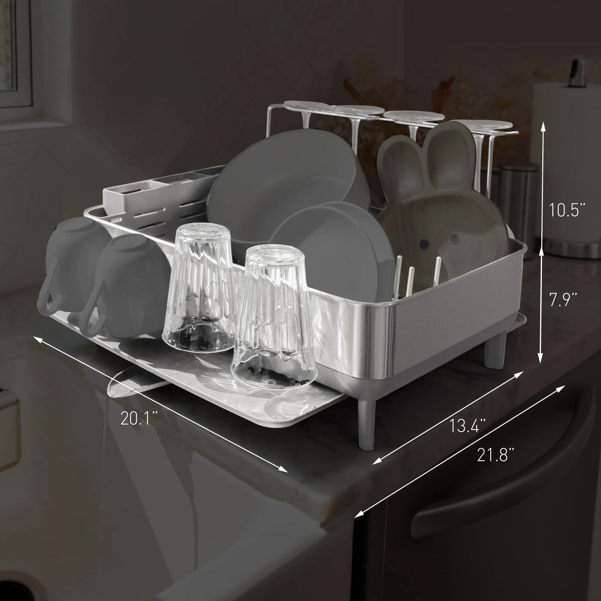 simplehuman Kitchen Dish Drying Rack, Fingerprint-Proof Stainless Steel Frame, Grey Plastic