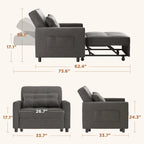 Convertible Sofa Bed, 73.6'' 3 in 1 Sleeper Chair Bed with Adjustable Backrest, Dark Gray