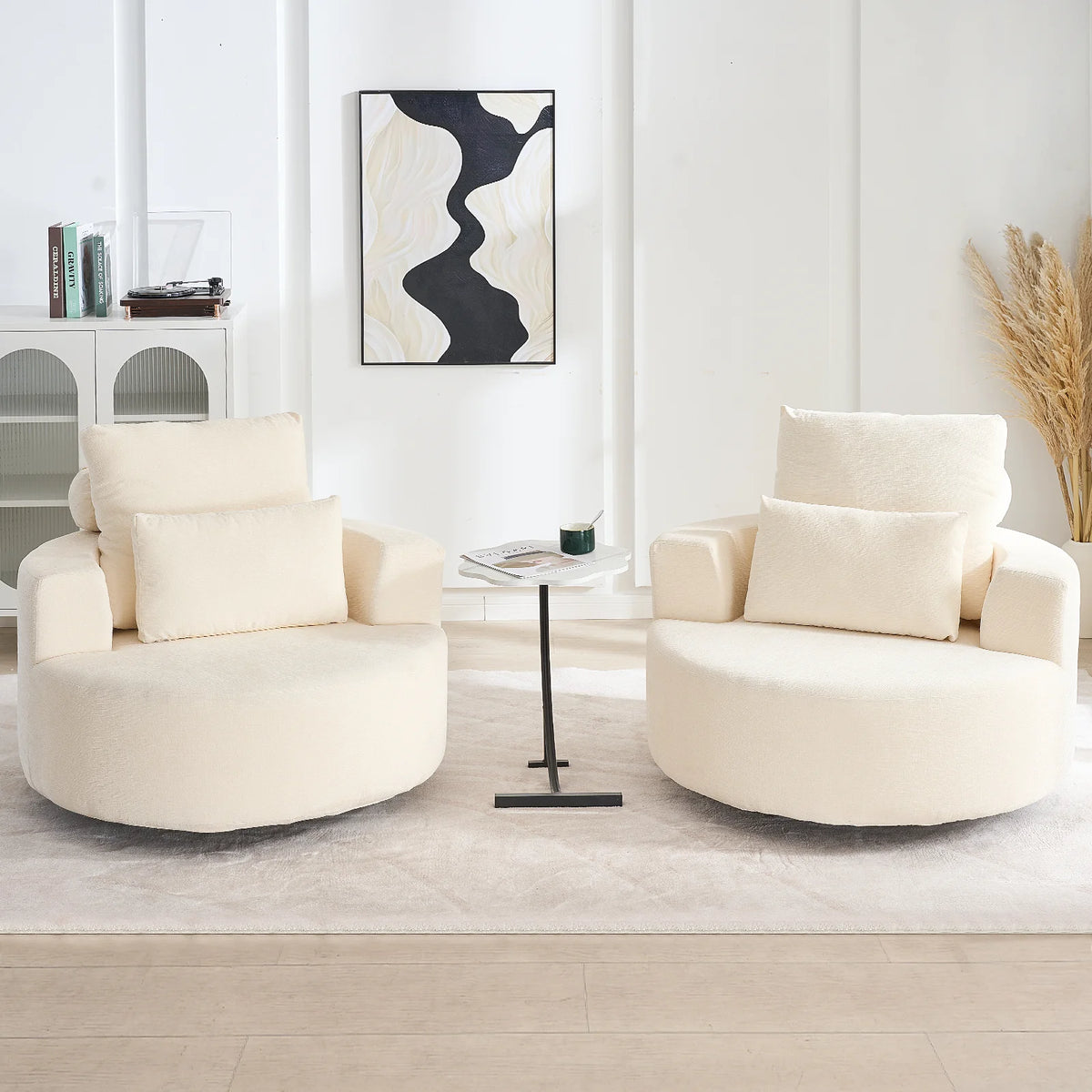 Fumahaus Upholstered Swivel Accent Chair, Oversized Comfy Round Sofa Chair with Two Pillows, Leisure Sofa Chair for Living Room Bedroom, Beige