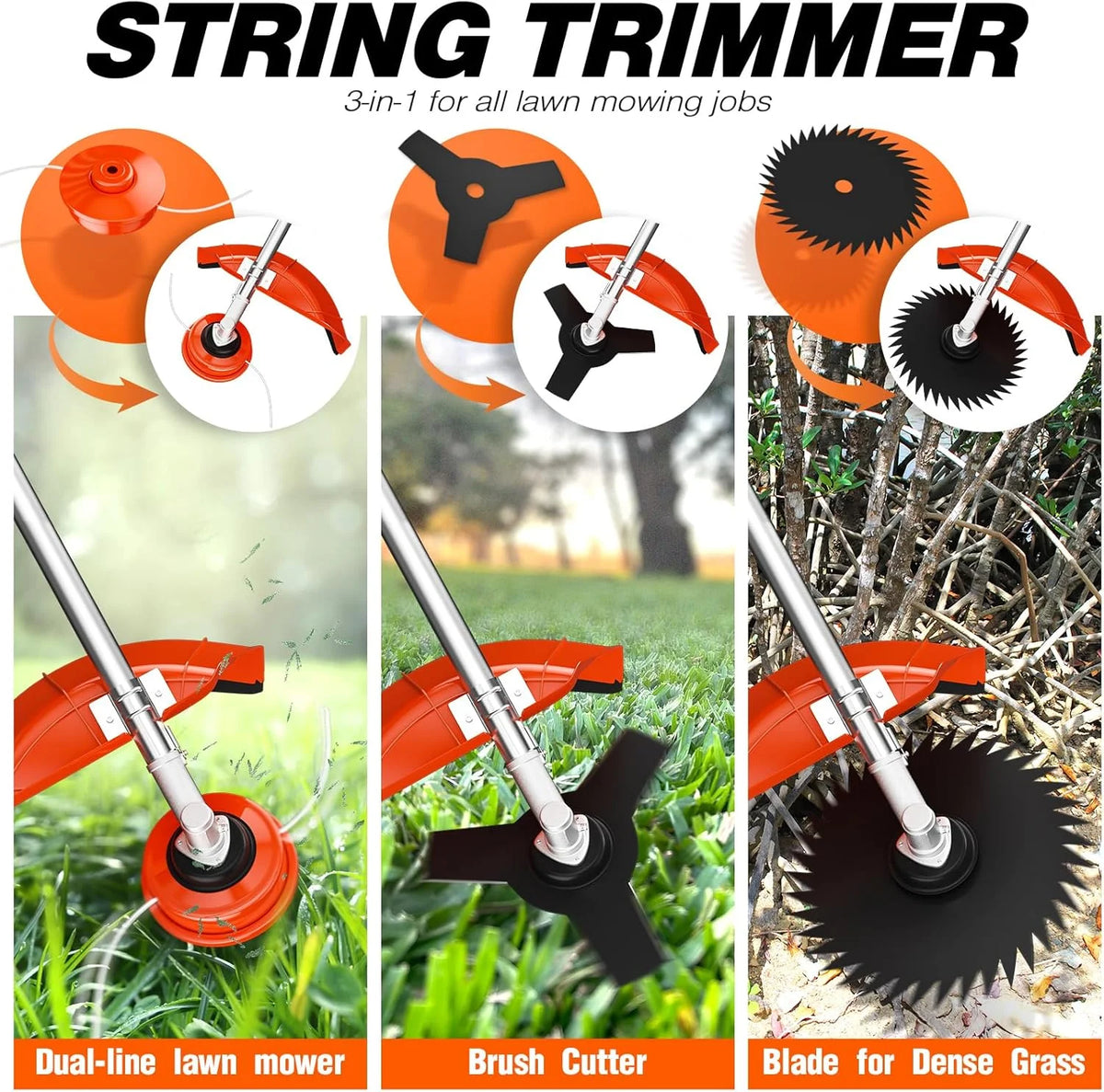 Datingday 52CC Orange Gas Weed Wacker, 2-Stroke Weed Eater Gas Powered, 6-in-1 Gas Hedge Trimmer, Gas Brush Cutter, Gas String Trimmer, Pole Saw with Extension Pole