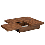 PORKISS Square Coffee Table, Modern Coffee Table with Sliding Top and Storage Space, Cocktail Table with Storage and Grain Veneer Finish, Freestanding Storage Coffee Table for Living Room, Walnut