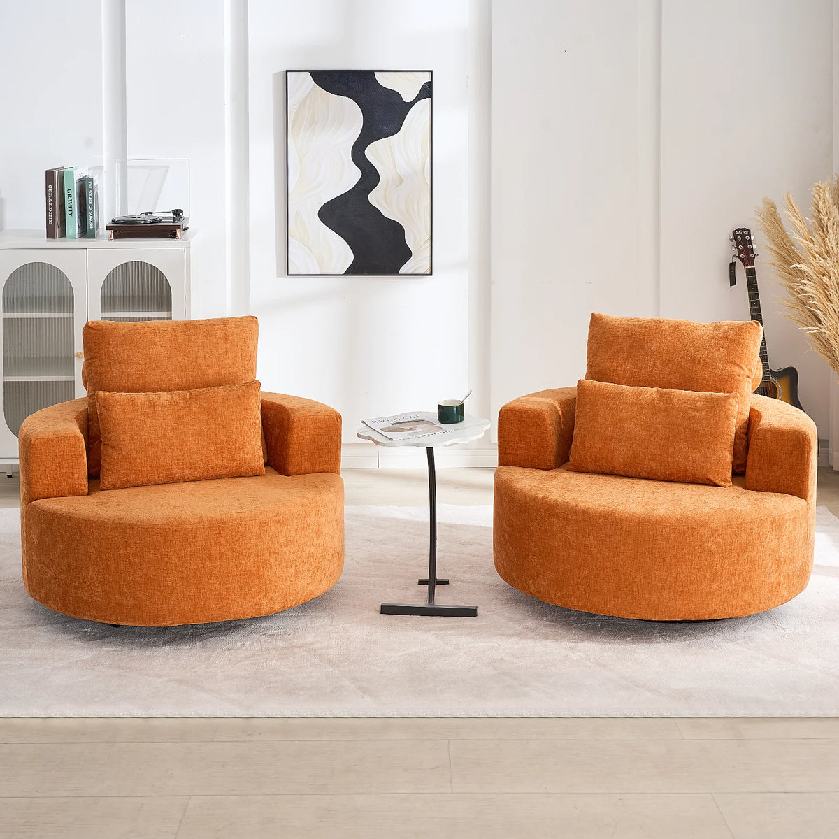 Fumahaus Upholstered Swivel Accent Chair, Oversized Comfy Round Sofa Chair with Two Pillows, Leisure Sofa Chair for Living Room Bedroom, Beige
