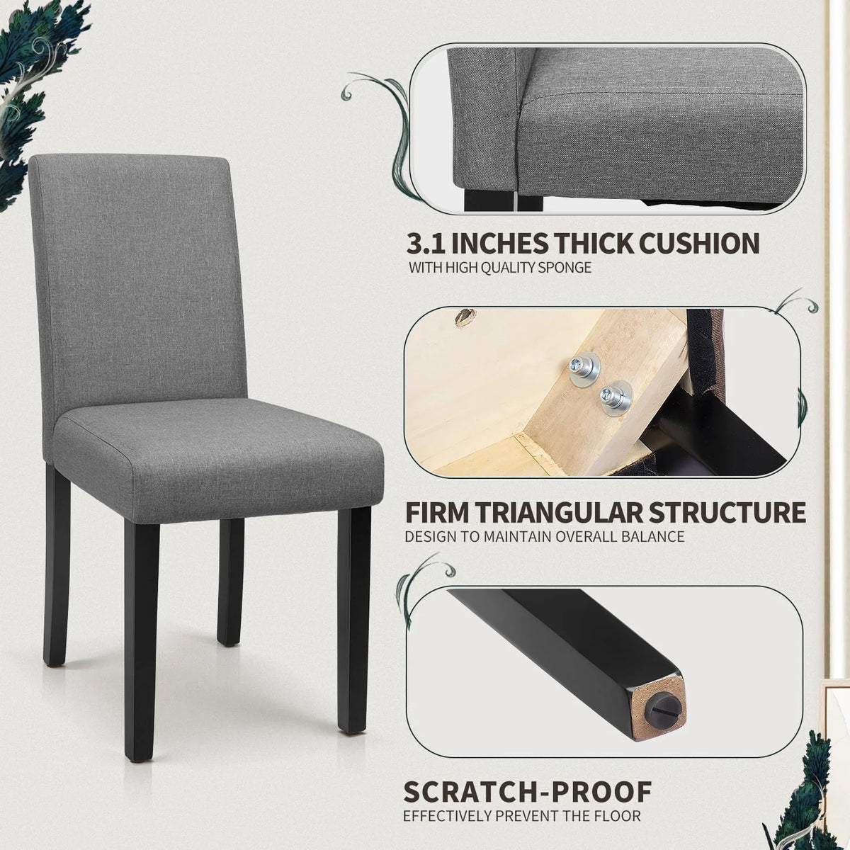 Furmax, Set of 4 Upholstered Dining Chairs with Wooden Legs, Fabric, Gray