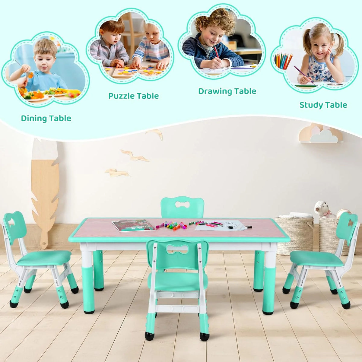 LAZY BUDDY Kids Table and 4 Chairs Set, Height Adjustable Toddler Desk with Graffiti Desktop, Kids Activity Table Set for Daycare, Home