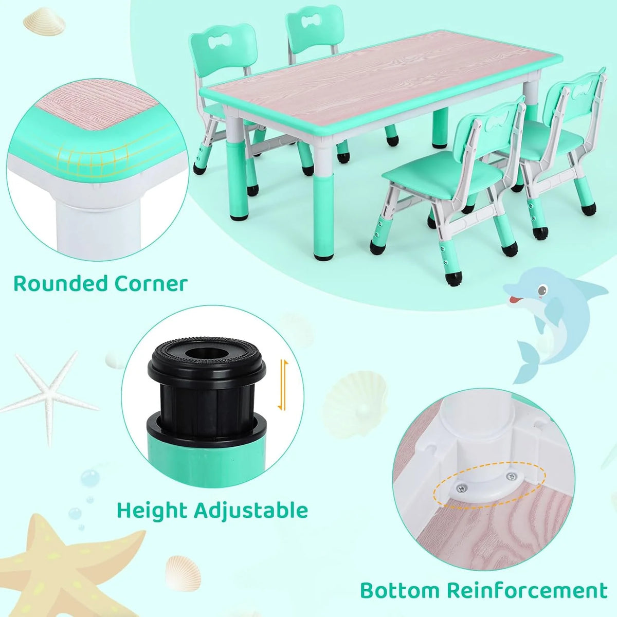 LAZY BUDDY Kids Table and 4 Chairs Set, Height Adjustable Toddler Desk with Graffiti Desktop, Kids Activity Table Set for Daycare, Home