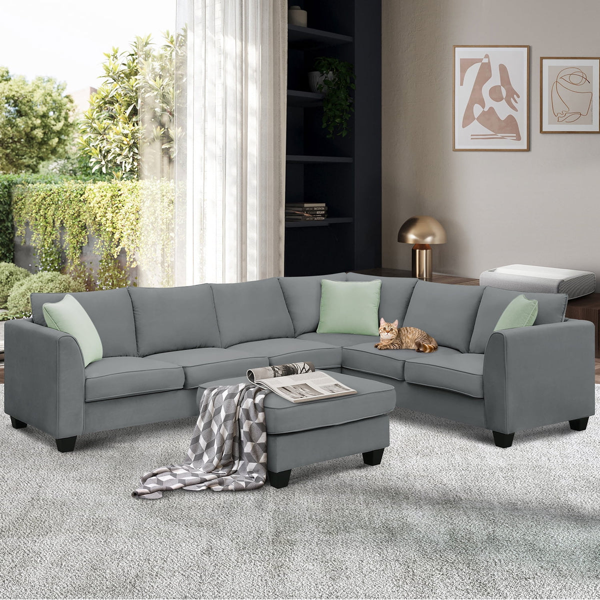 Harper & Bright Designs Modular Sectional Sofa with Ottoman Couch L Shape Corner Sofa Sets 7 Seats Fabric Couch for Living Room, Black, 112 * 87 inch