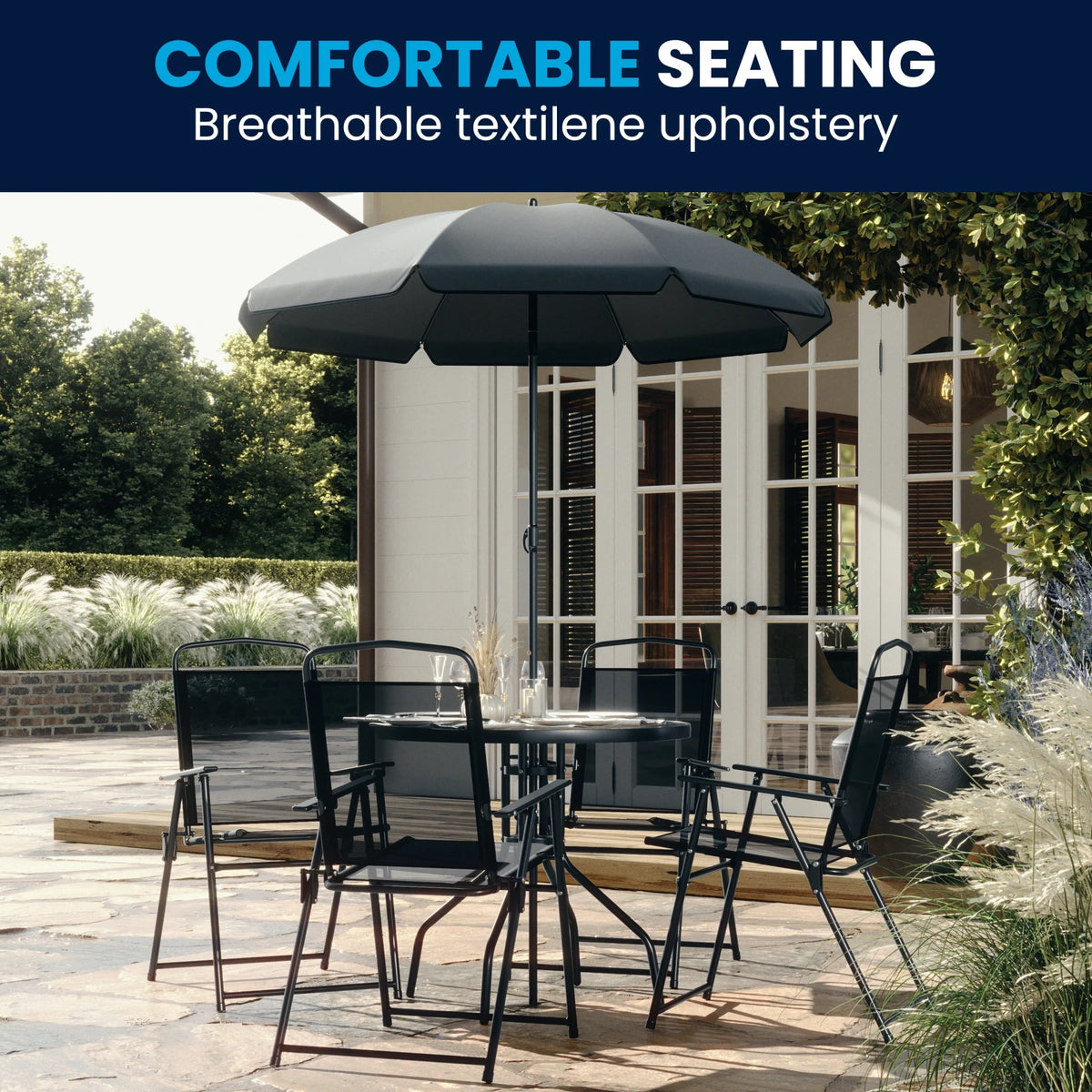 Flash Furniture Nantucket 6 Piece Black Patio Garden Set with Umbrella Table and Set of 4 Folding Chairs