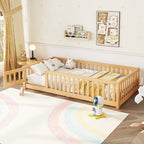 Bellemave Full Size Floor Bed with Door and Fence Floor Bed with Bed Slats Sturdy Wood Floor Bed Montessori Bed Frame (Full, Pink)