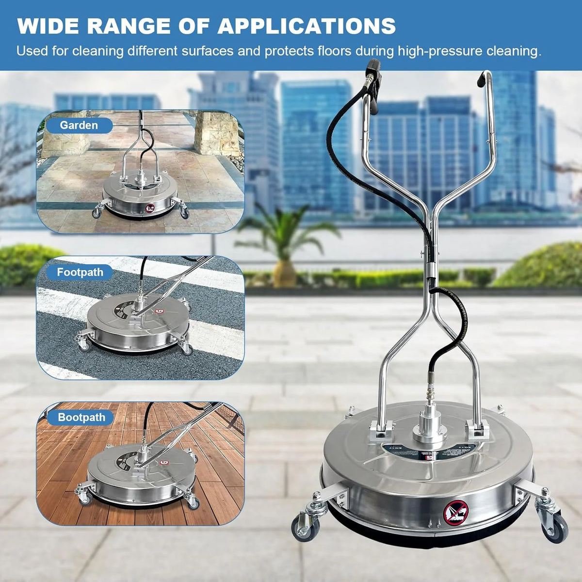 Garvee 24" Pressure Washer Surface Cleaner with Dual Handles �C Stainless Steel, 4-Wheel Design for Driveways, Sidewalks, Curbs, Decks, & Patios �C 4900 PSI, High-Efficiency Cleaning Accessory