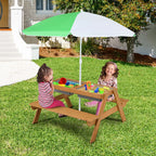 Costway 3-in-1 Kids Picnic Table Wooden Outdoor Sand & Water Table with Umbrella Play Boxes Green