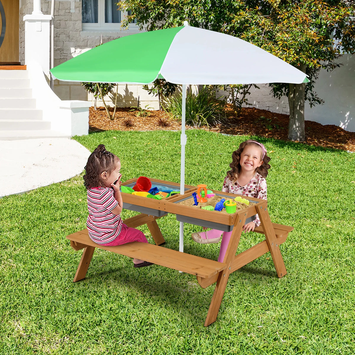 Costway 3-in-1 Kids Picnic Table Wooden Outdoor Sand & Water Table with Umbrella Play Boxes Green