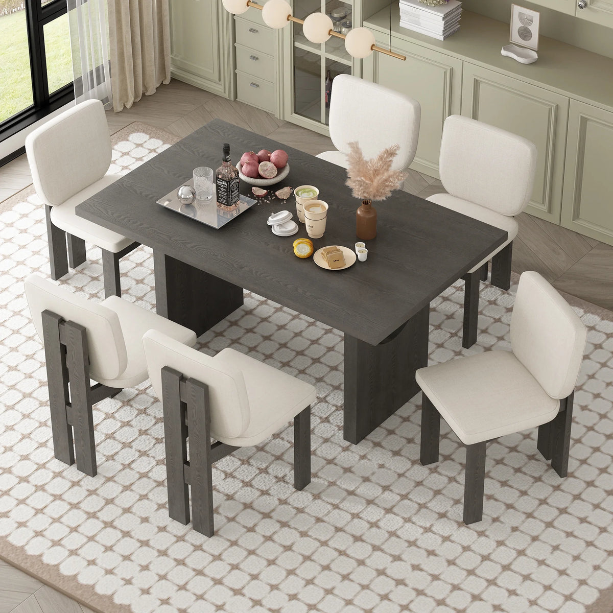 Harper & Bright Designs Farmhouse 7 Pieces Extendable Dining Table Set for 6, Solid Wood Kitchen Table with Butterfly Leaf and 6 Upholstered Chairs, Brown