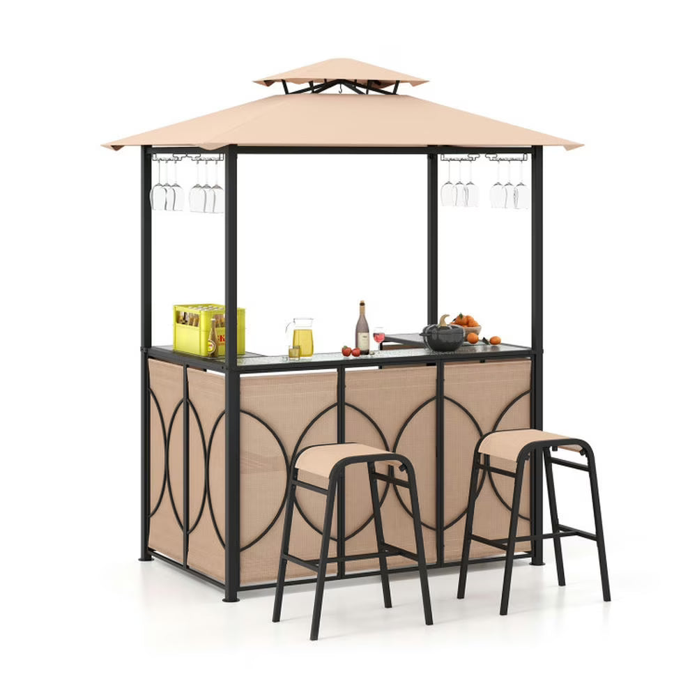 Spaco 3-Piece Patio Bar Set with A Heat-Resistant Tempered Glass Top, Grill Gazebo & 2 Bar Stools with Tempered Glass Bar Table, Bar Set for Outdoor, Brown