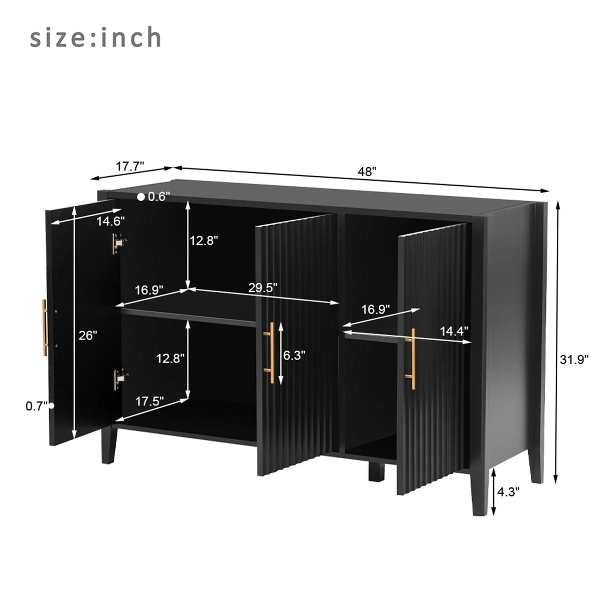 Black Accent Cabinet, Atumon Storage Cabinet Furniture, Modern Buffet Sideboard, Wooden Accent Cabinet with 3 Doors, Accent Storage Cabinet for Entryway Hallway Living Room, 48"L x 17.7"W x 31.9"H