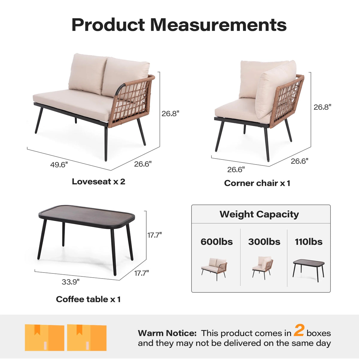 LAUSAINT HOME 4 Pieces Outdoor Conversation Sets, Patio Metal Frame Sofa with Wood Loveseat and Coffee Table, Beige Cushions