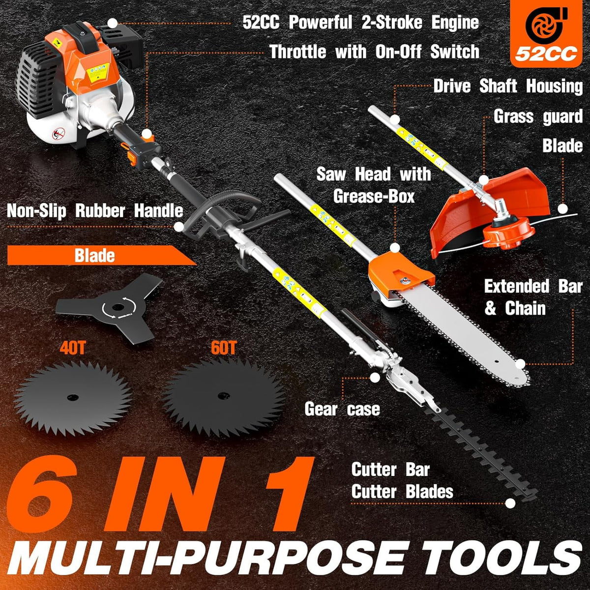 Datingday 52CC Orange Gas Weed Wacker, 2-Stroke Weed Eater Gas Powered, 6-in-1 Gas Hedge Trimmer, Gas Brush Cutter, Gas String Trimmer, Pole Saw with Extension Pole