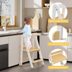 JOZ Kitchen Toddlers Step Stool, Montessori Kids Learning Stool, Foldable Toddler Tower for Counter, Standing Helper for Children, 3 Adjustable Heights, Wooden, White
