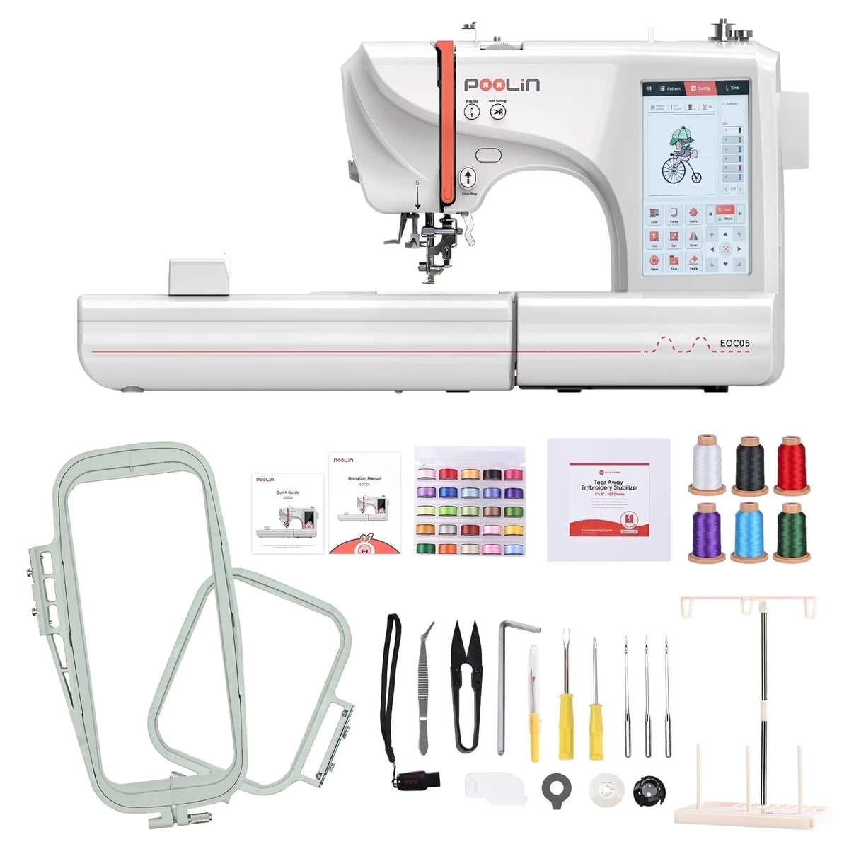 Poolin EOC05 Embroidery Machine 4x9.25" Area, 7" Touch Screen with kit