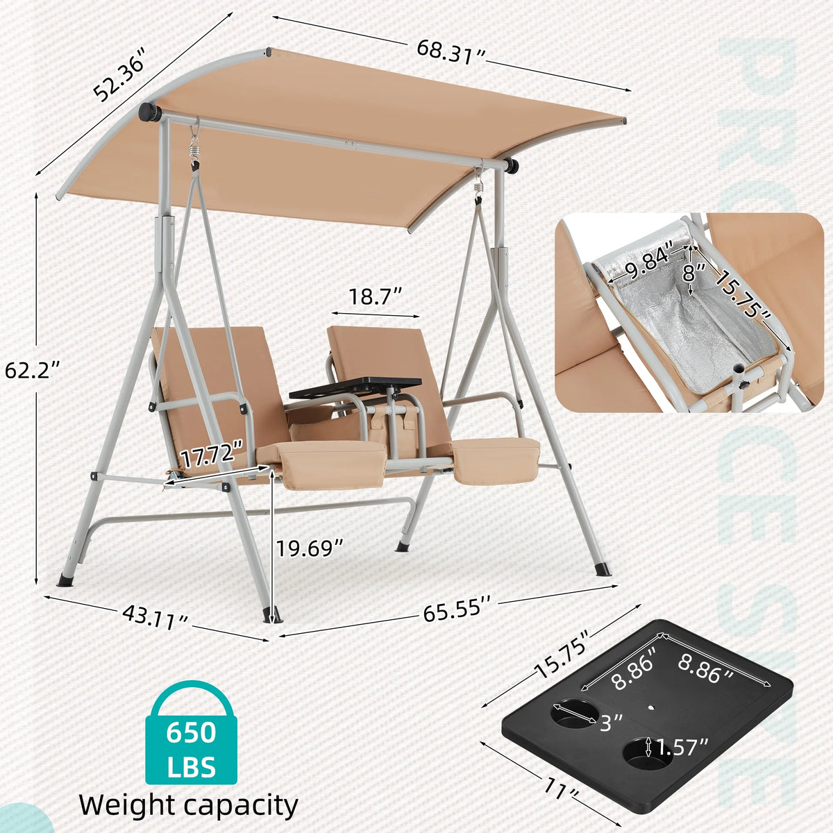 HOMREST Patio Swing with Adjustable Canopy��Heavy Duty 650 LBS Outdoor Swing with Pivot Storage Table & 4 Cup Holders & Cushions for Yard, Lawn, Backyard, Navy Blue