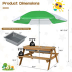 Costway 3-in-1 Kids Picnic Table Wooden Outdoor Sand & Water Table with Umbrella Play Boxes Green