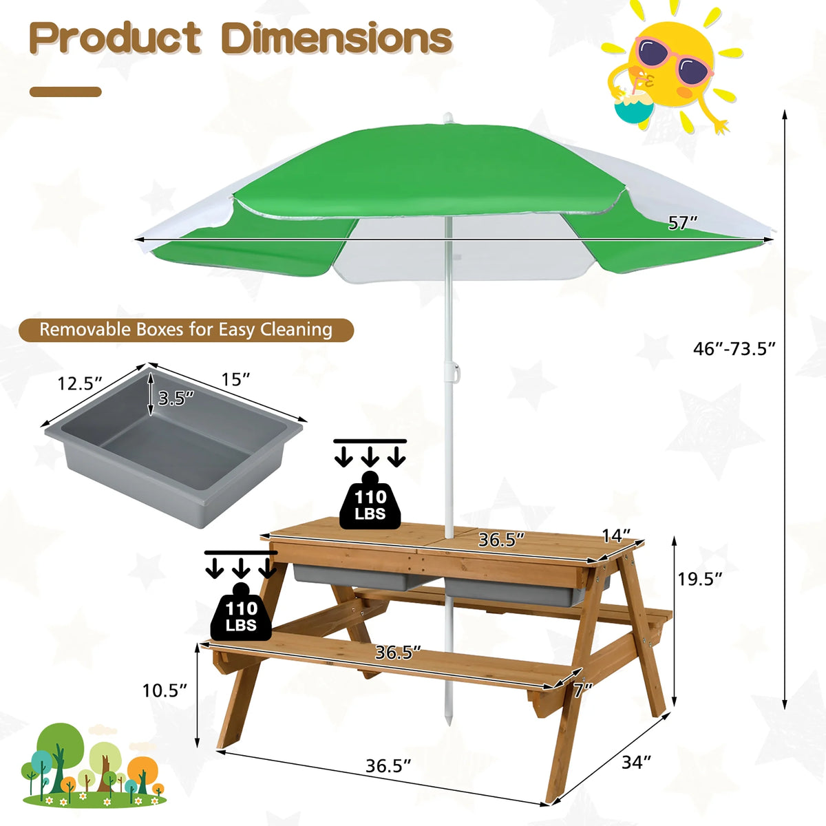 Costway 3-in-1 Kids Picnic Table Wooden Outdoor Sand & Water Table with Umbrella Play Boxes Green